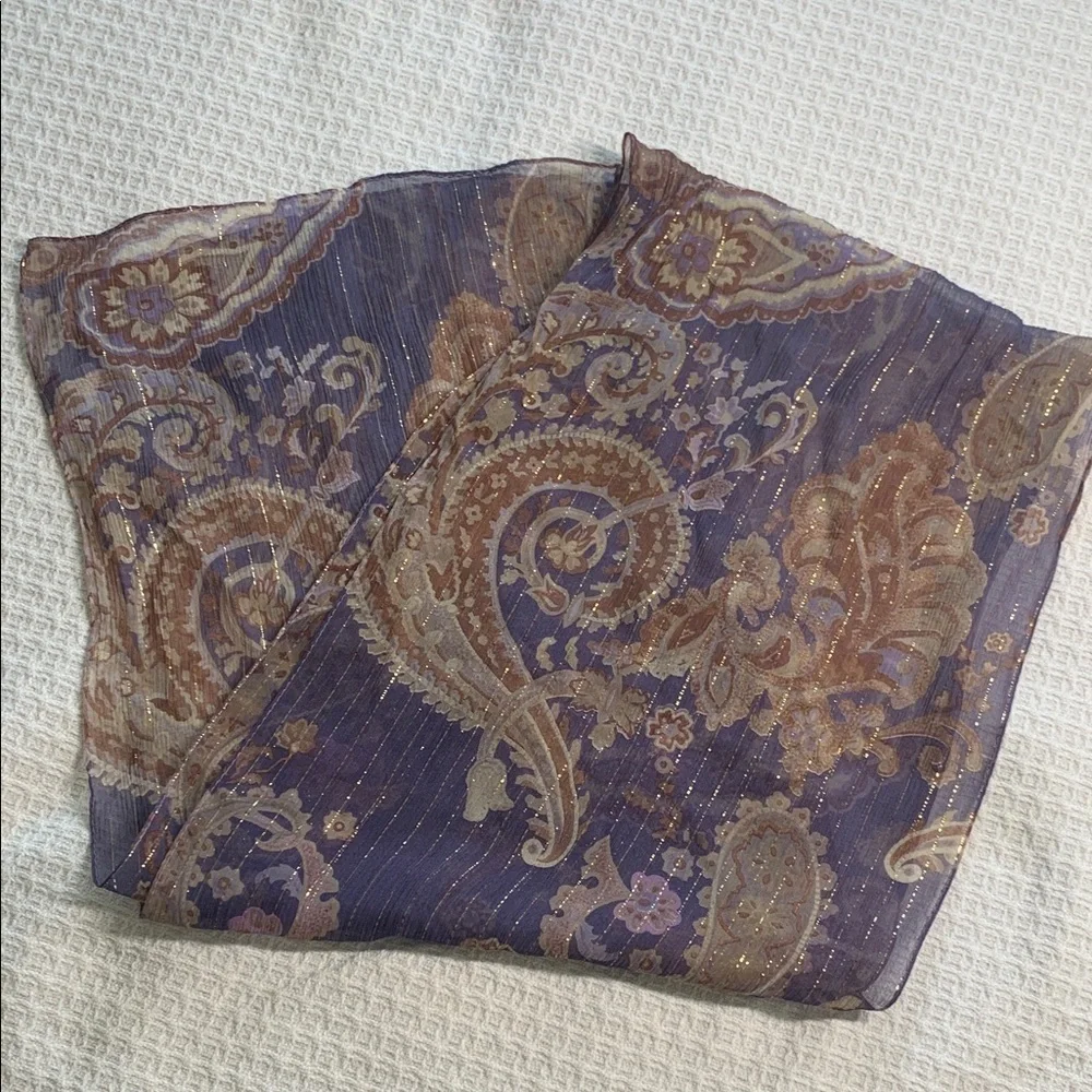 Echo silk scarf, purple with tan and ivory, paisley, print and metallic gold